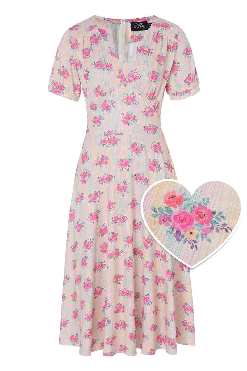 Front view of Vintage Pastel Floral Midi Dress