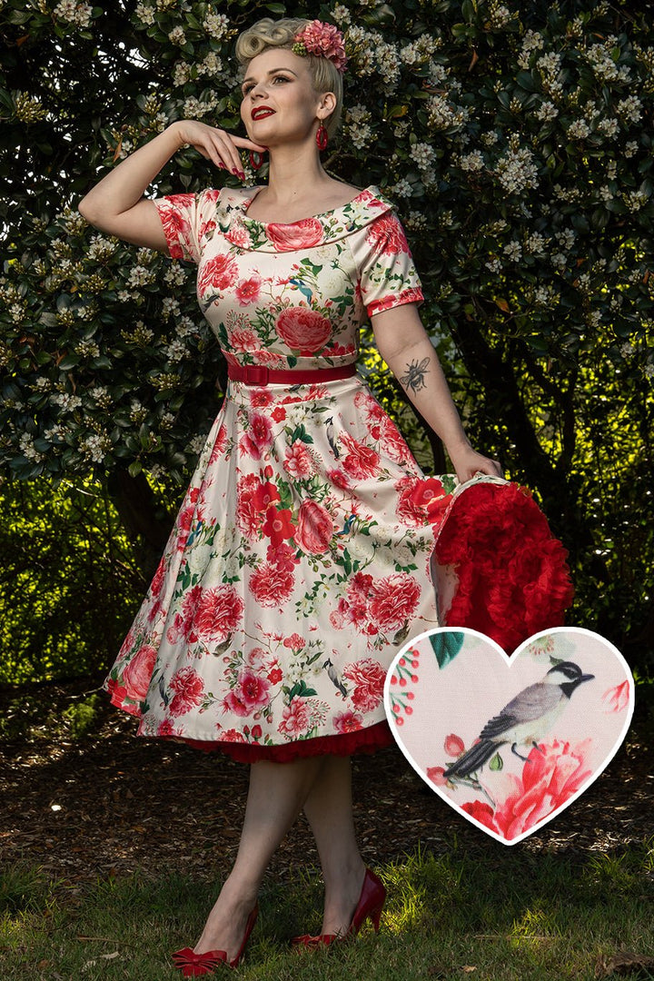 Darlene Vintage Tea Dress in White/Pink Peony Floral Print Darlene Vintage Tea Dress in White/Pink Peony Floral Print