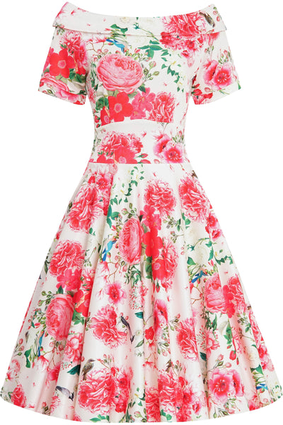 Vintage Peony Floral Tea Dress In White & Pink