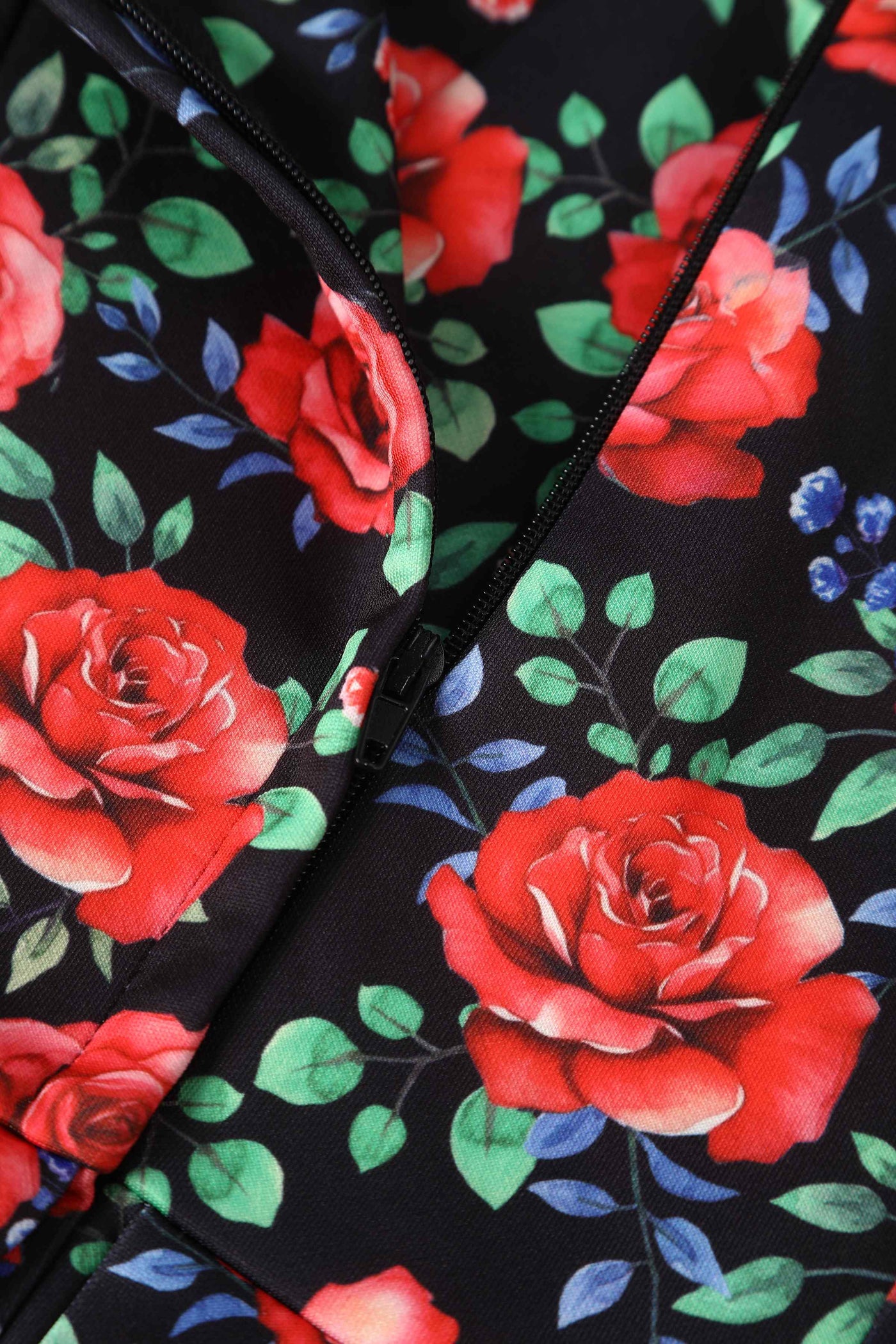 Close up view of Vintage Red Rose Off Shoulder Dress In Black