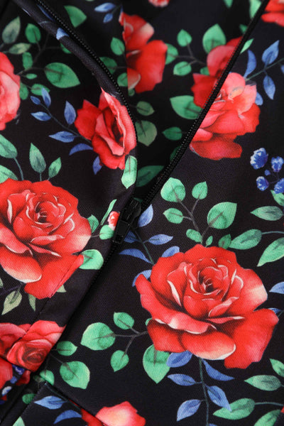 Close up view of Vintage Red Rose Off Shoulder Dress In Black