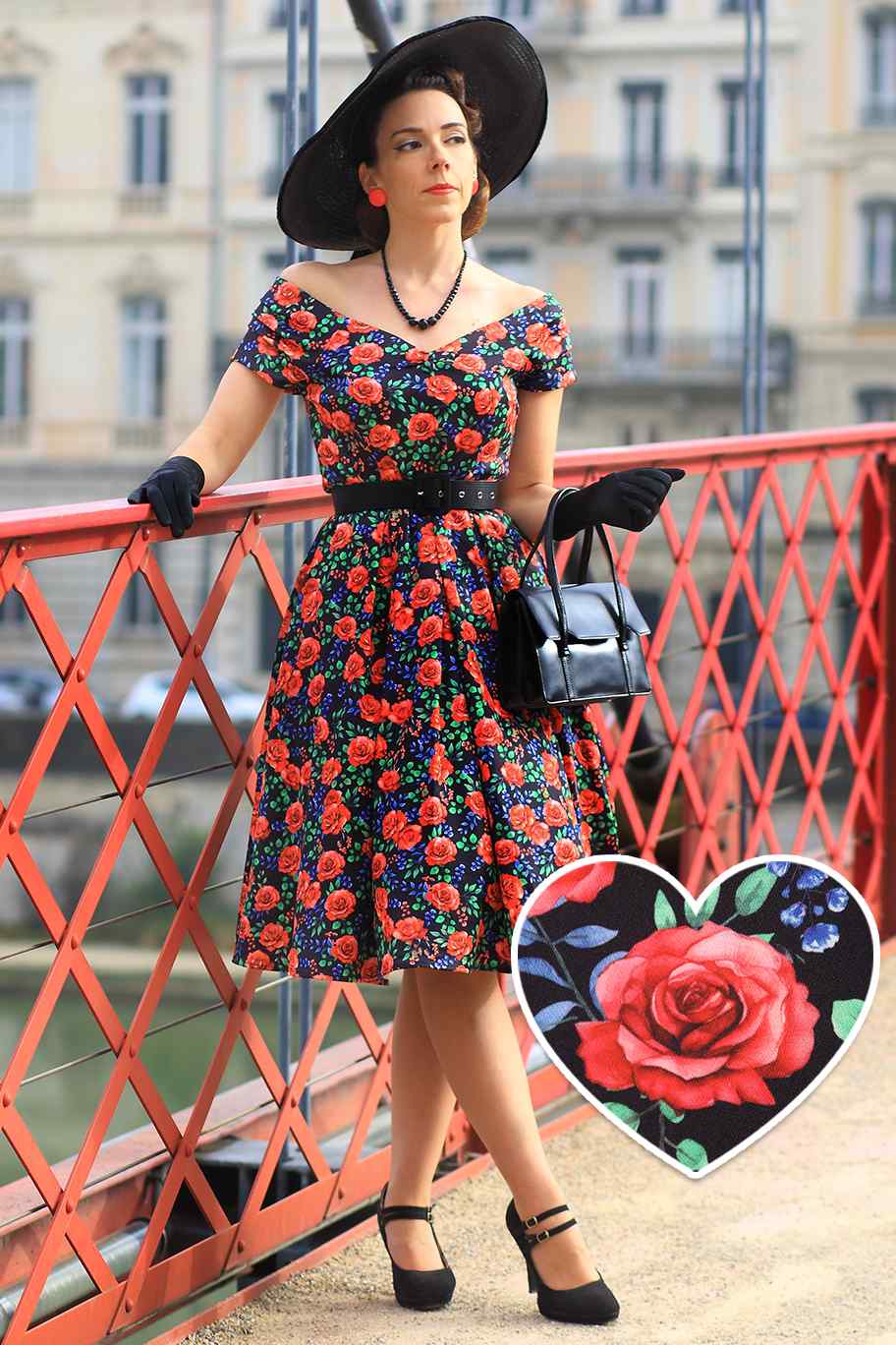 Red Rss Dress Lily Vintage Red Rose Off Shoulder Dress In Black