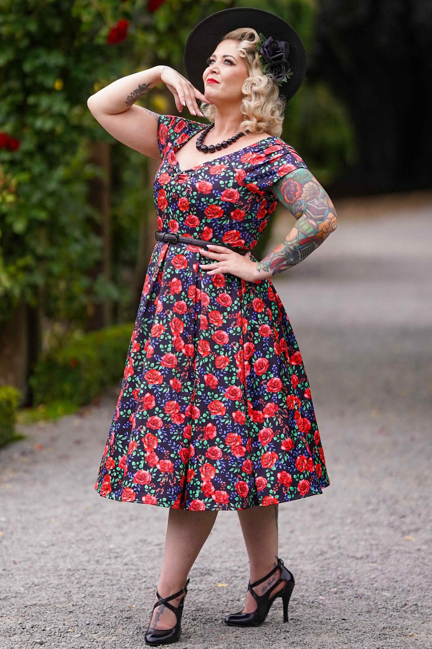 Lily Vintage Red Rose Off Shoulder Dress In Black