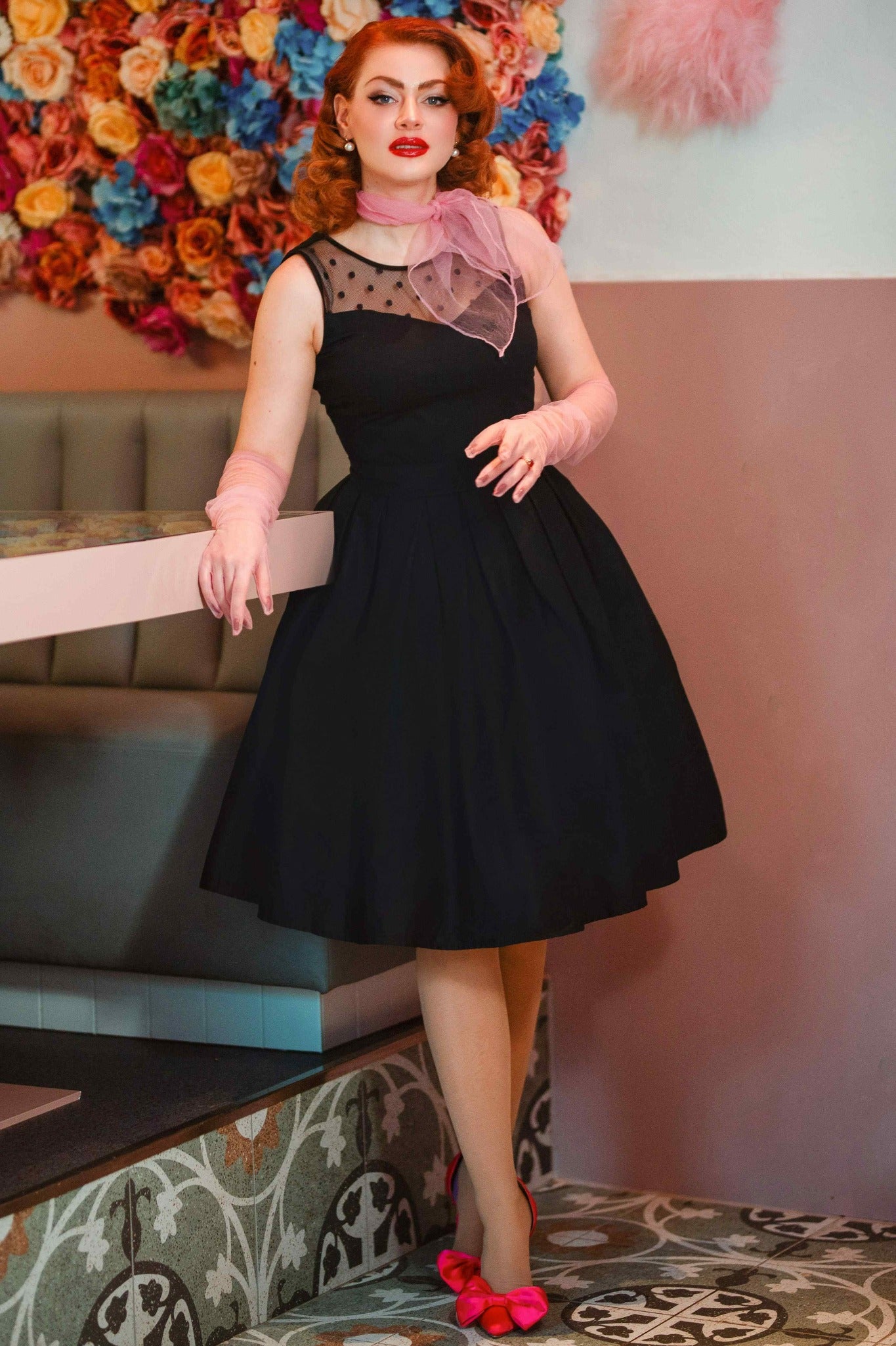 Elizabeth Retro Cotton Party Dress in All Black with Mesh