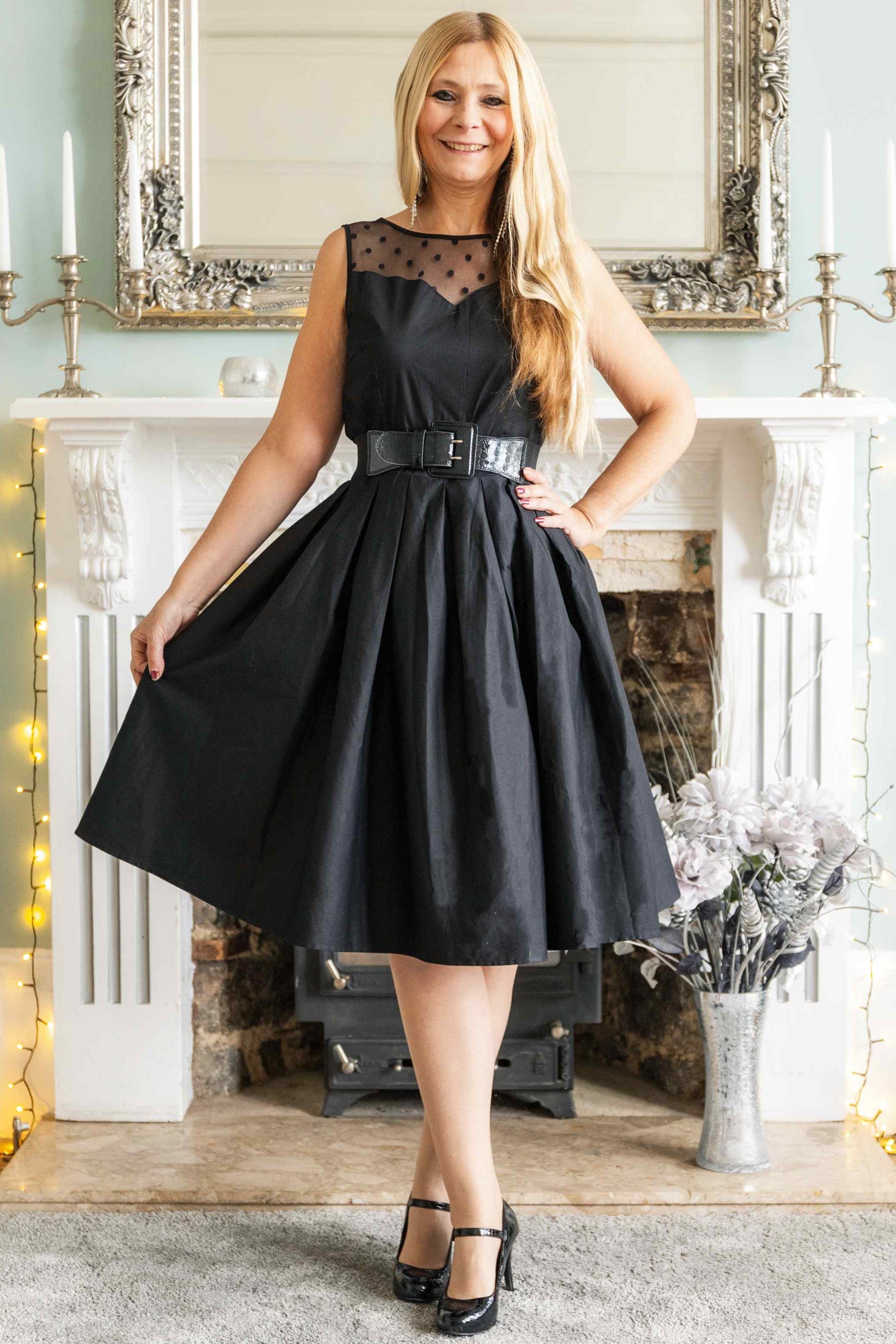 Elizabeth Retro Cotton Party Dress in All Black with Mesh