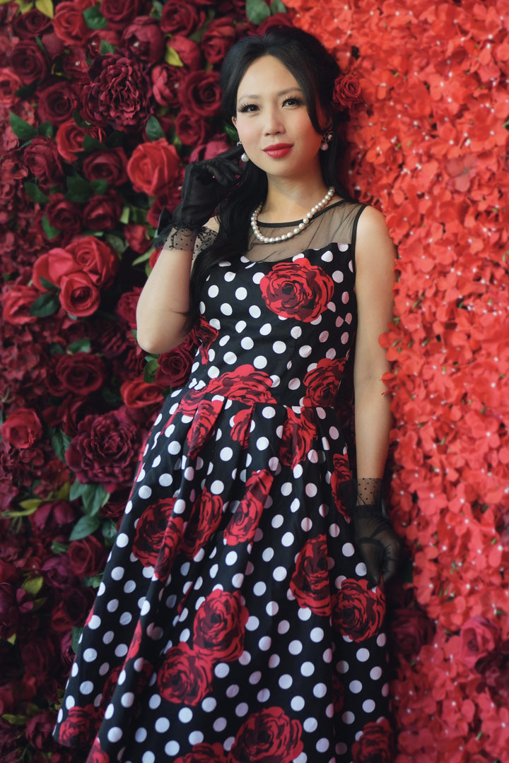 Elizabeth Vintage Polka Dot/Roses Party Dress in Black/Red Elizabeth Vintage Polka Dot/Roses Party Dress in Black/Red
