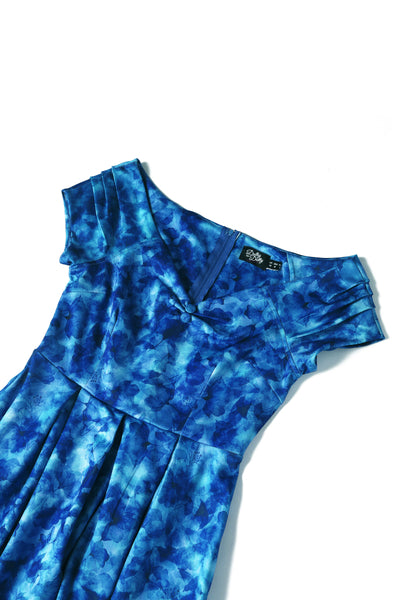 Close up view of Blue Watercolour Floral Off Shoulder Dress