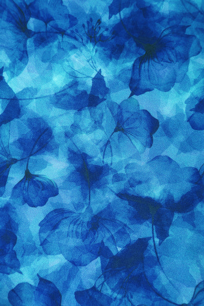 Close up view of Blue Watercolour Floral Off Shoulder Dress