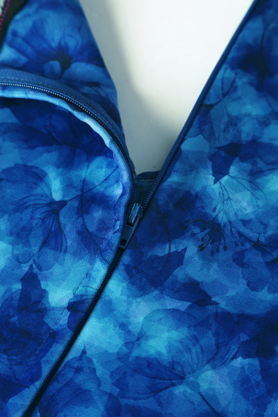 Close up view of Blue Watercolour Floral Off Shoulder Dress
