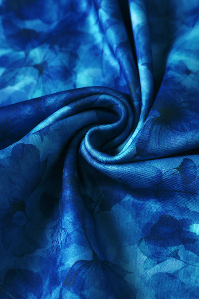 Close up view of Blue Watercolour Floral Off Shoulder Dress