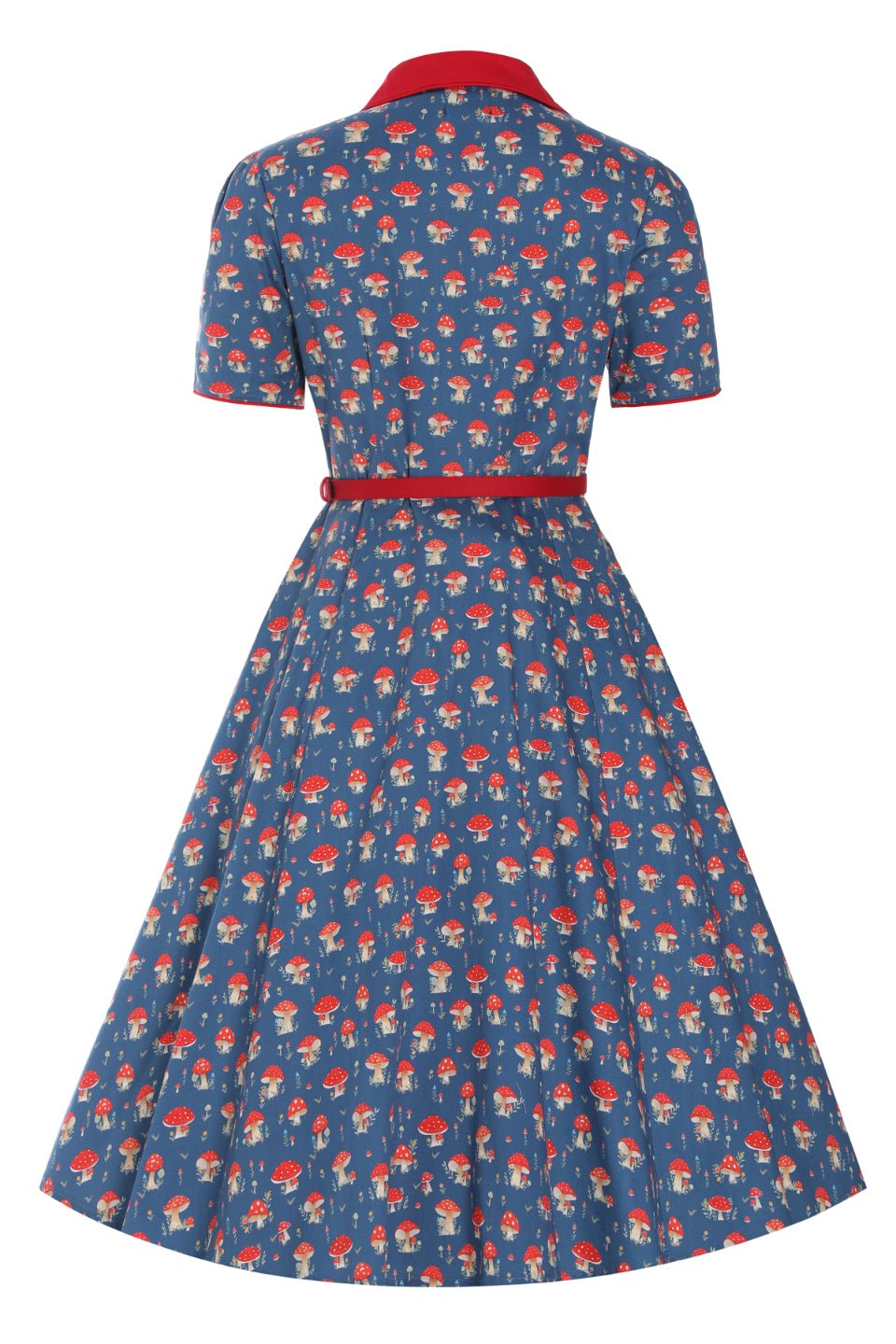 Back view of Red Mushroom Shirt Dress in Blue