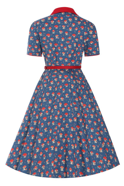 Back view of Red Mushroom Shirt Dress in Blue