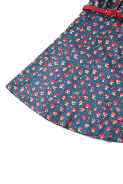 Close up view of Red Mushroom Shirt Dress in Blue