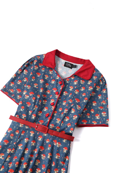 Close up view of Red Mushroom Shirt Dress in Blue