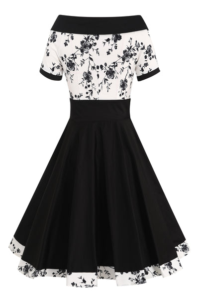 Back view of White & Black Floral Roll Collar Dress