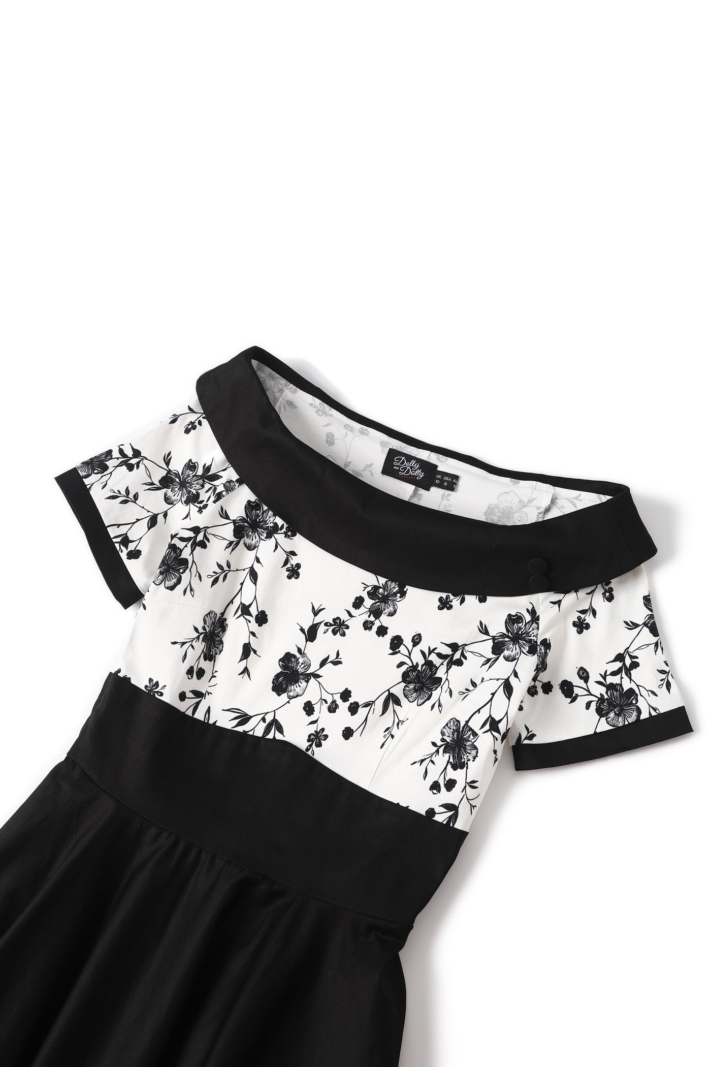 Close up  view of White & Black Floral Roll Collar Dress