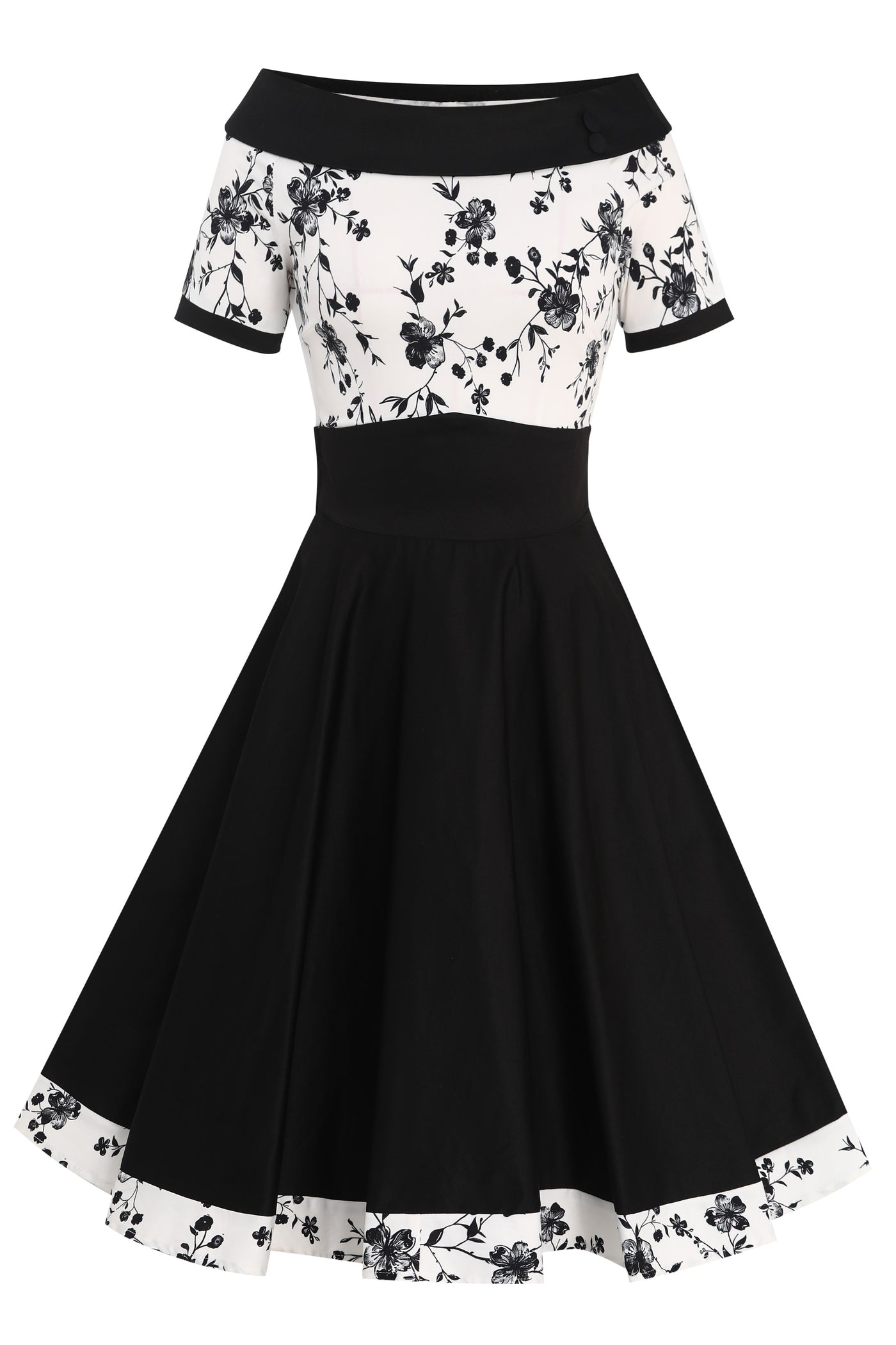 Front view of White & Black Floral Roll Collar Dress