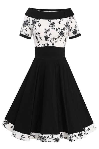 Front view of White & Black Floral Roll Collar Dress