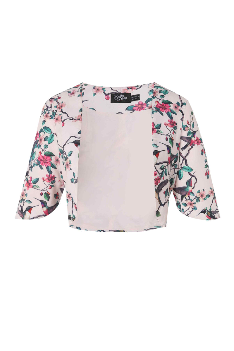 Front view of White Bird Print Bolero Jacket