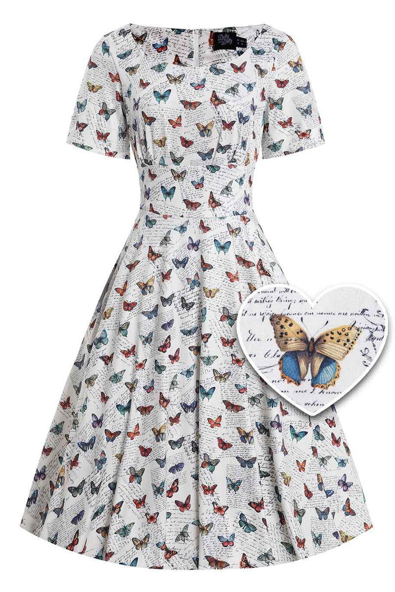 Front view of Butterfly Collection Print 50s Style Dress in White