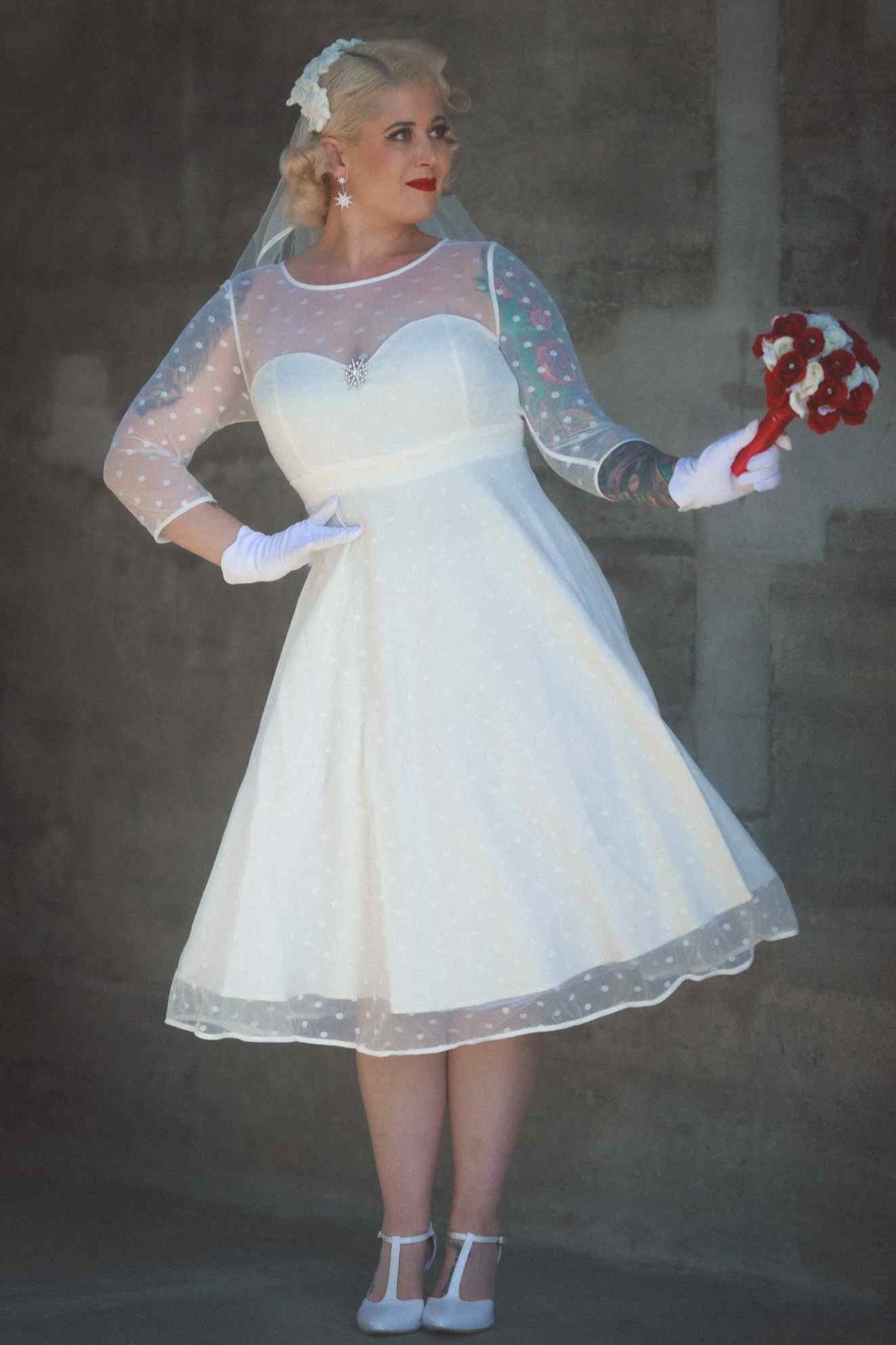 Madeline Bridal White Polka Dot Mesh Formal Dress