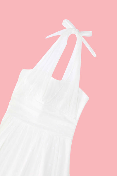 Close up view of White Polka Dot Mesh Halter Dress