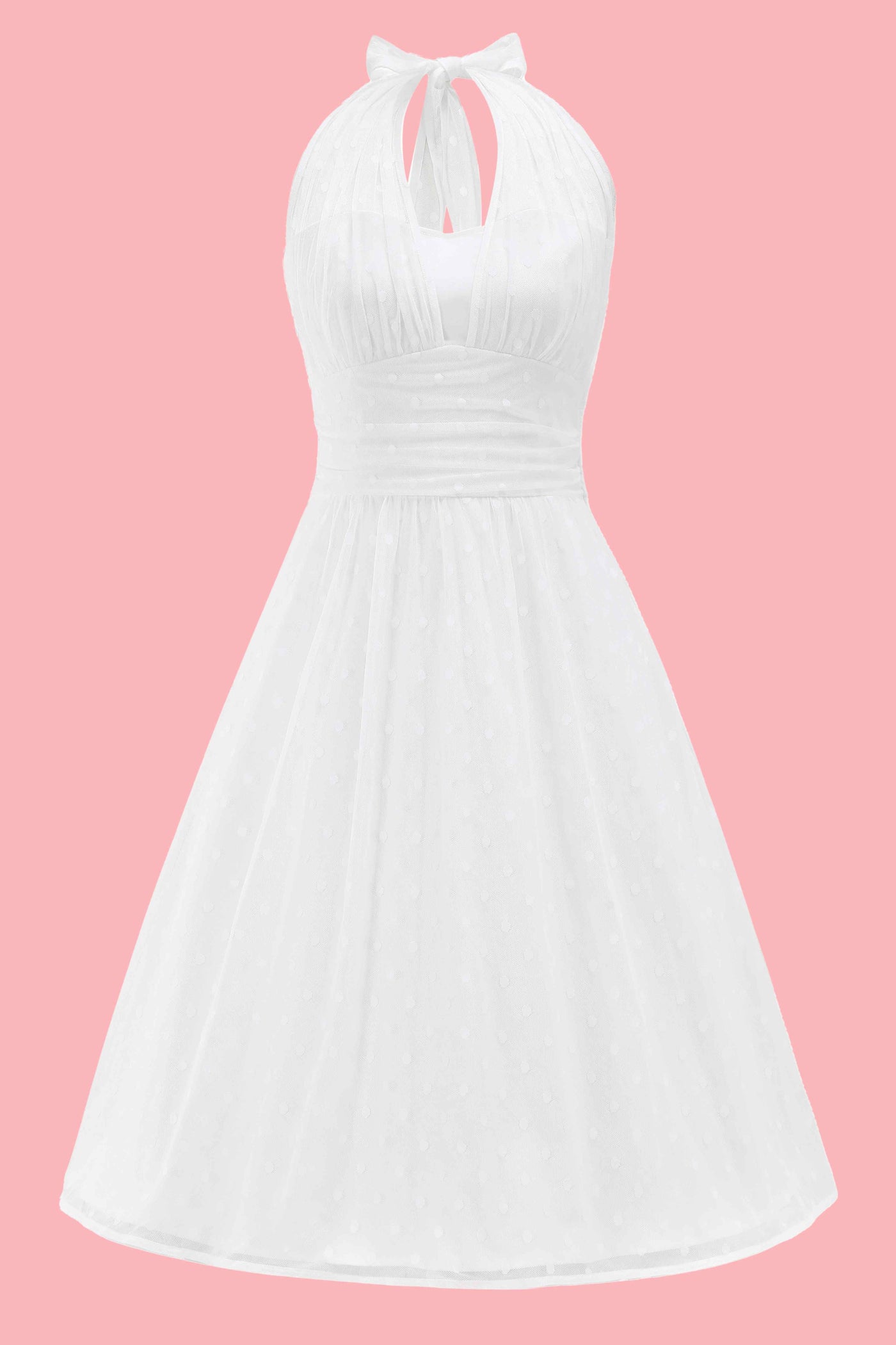 Front view of White Polka Dot Mesh Halter Dress