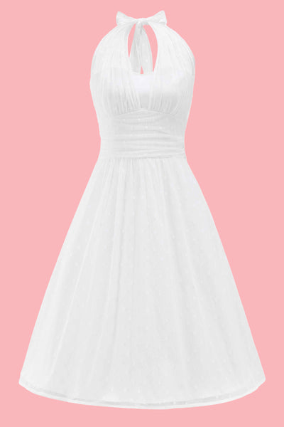 Front view of White Polka Dot Mesh Halter Dress