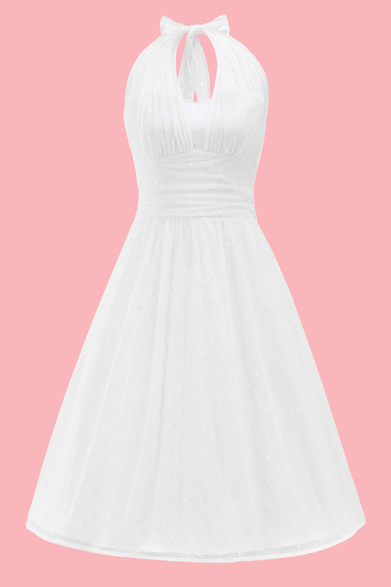 Front view of White Polka Dot Mesh Halter Dress
