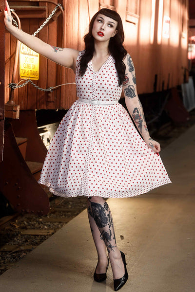 A model wearing White Red Polka Dot Shirt Dress