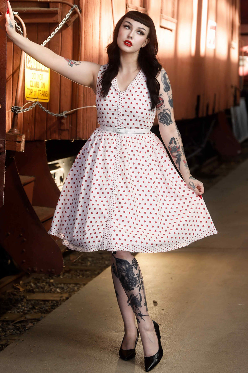 A model wearing White Red Polka Dot Shirt Dress