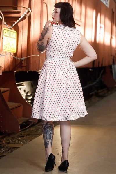 Back view of model wearing White Red Polka Dot Shirt Dress