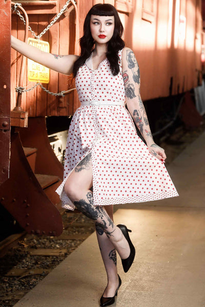 Front view of model wearing White Red Polka Dot Shirt Dress
