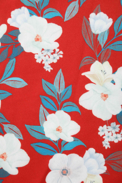 Close up view of White Rose Off Shoulder Dress In Red