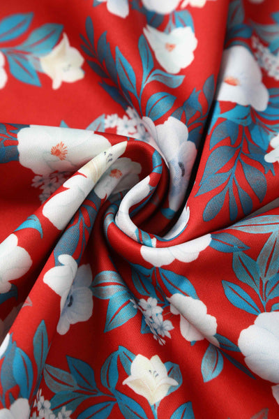 Close up view of White Rose Off Shoulder Dress In Red