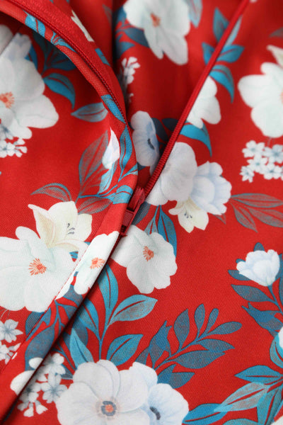 Close up view of White Rose Off Shoulder Dress In Red