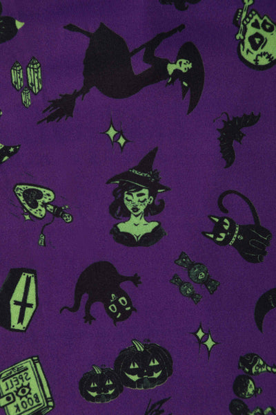 Close up View of Wizard and Witch Long Sleeved Swing Dress in Purple