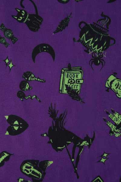 Close up View of Wizard and Witch Long Sleeved Swing Dress in Purple