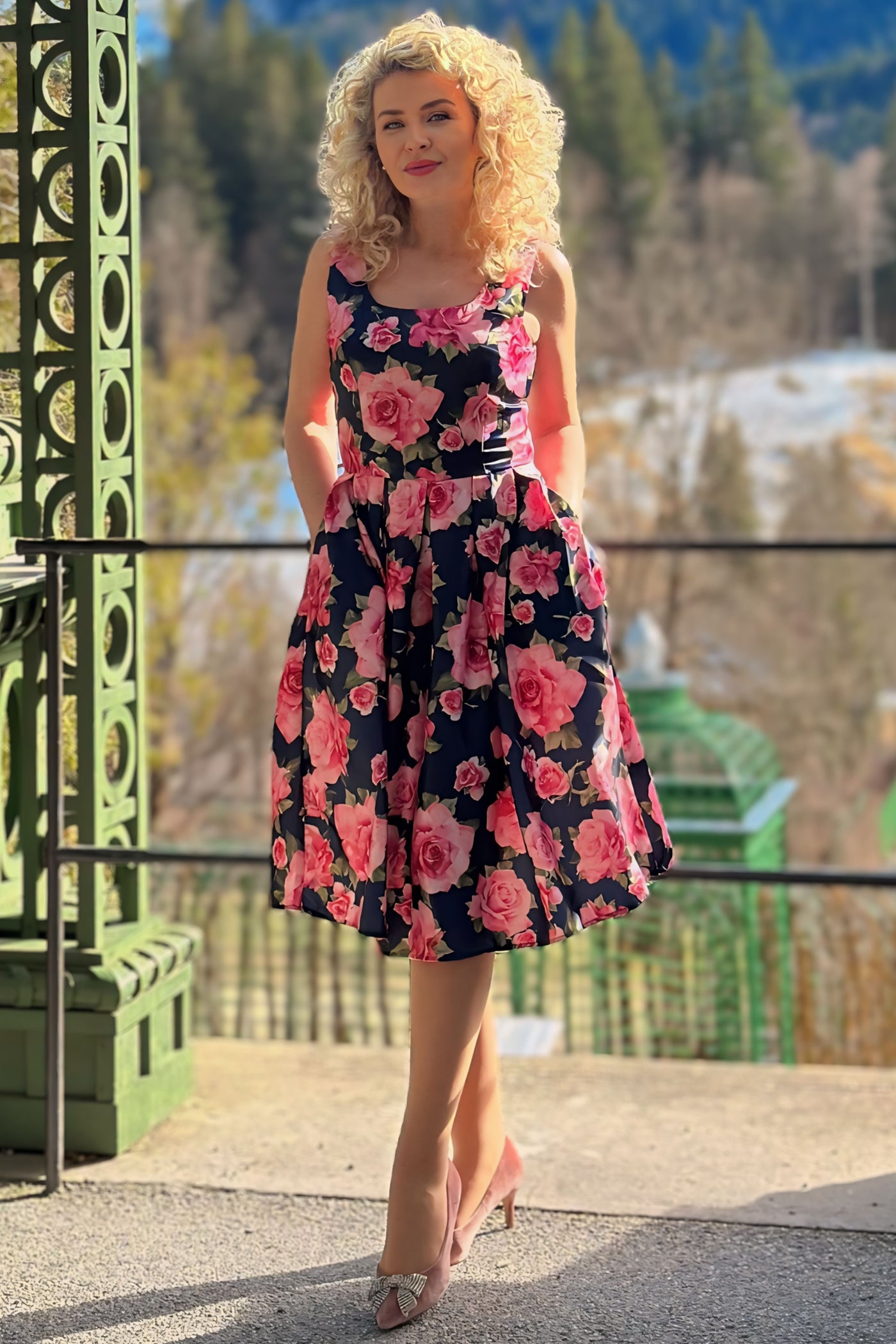 Amanda Navy Blue & Pink Roses Swing Dress - Dolly and Dotty Amanda Navy Blue & Pink Roses Swing Dress - Dolly and Dotty