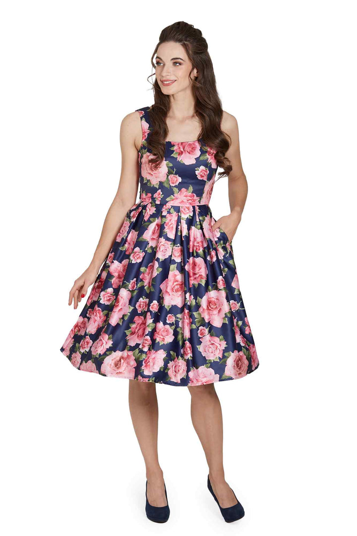 Amanda Navy Blue & Pink Roses Swing Dress
