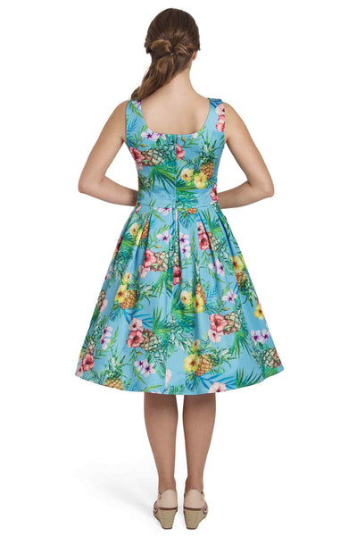 Model wearing Blue Tropical Swing Dress