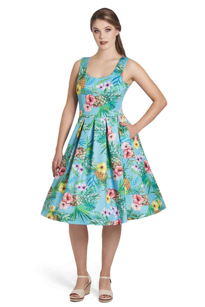 Model wearing Blue Tropical Swing Dress