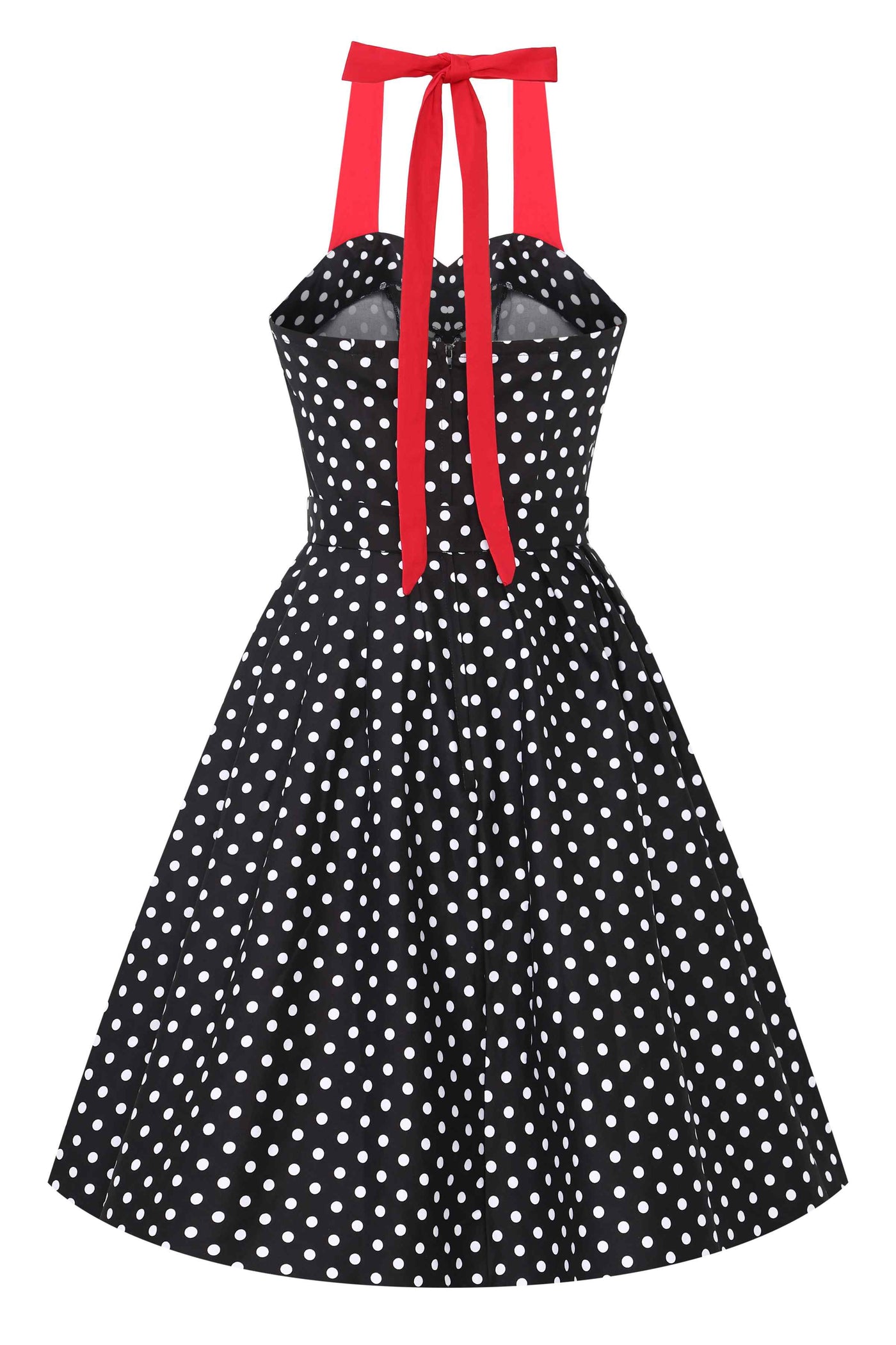 Back view of Halterneck Black Polka Dot Swing Dress