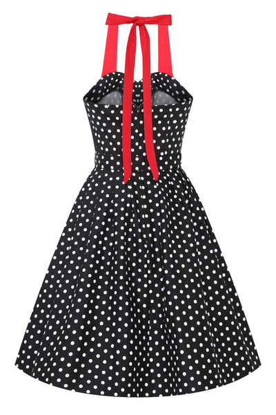 Back view of Halterneck Black Polka Dot Swing Dress