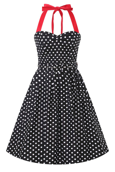 Front view of Halterneck Black Polka Dot Swing Dress