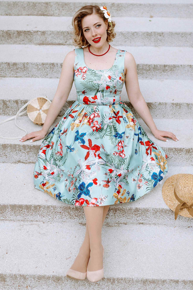 Amanda Swing Dress in Green Orchid Floral & Bird Print Amanda Swing Dress in Green Orchid Floral & Bird Print