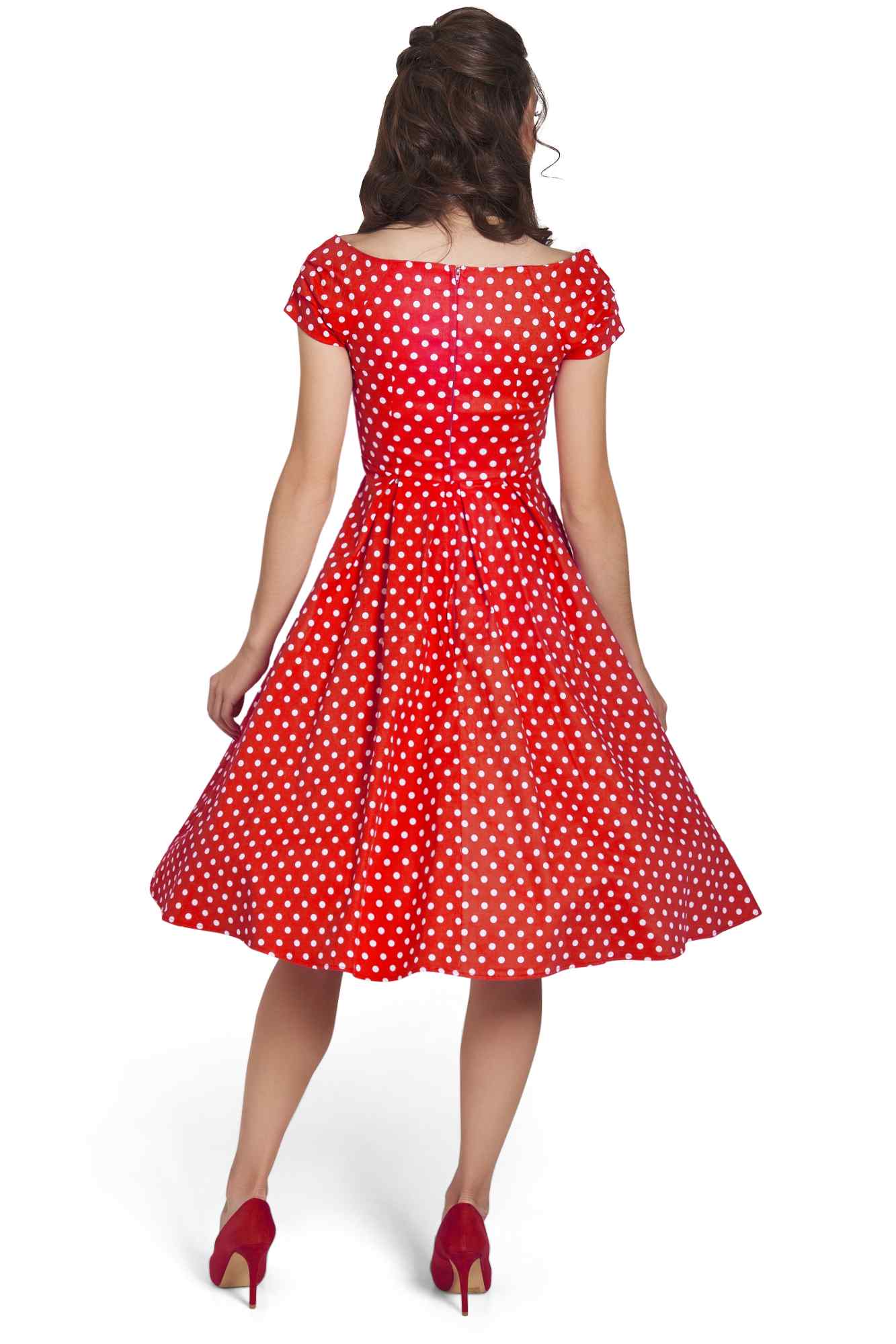 Model photo of Off-Shoulder 50's Polka Dot Swing Dress in Red/White