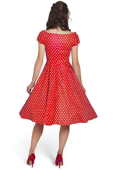 Model photo of Off-Shoulder 50's Polka Dot Swing Dress in Red/White