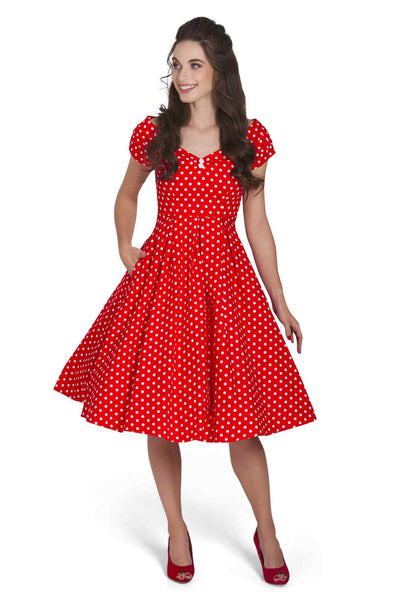 Model photo of Off-Shoulder 50's Polka Dot Swing Dress in Red/White