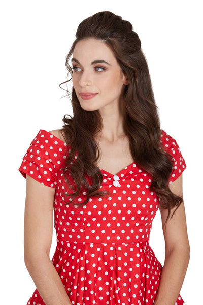 Model photo of Off-Shoulder 50's Polka Dot Swing Dress in Red/White